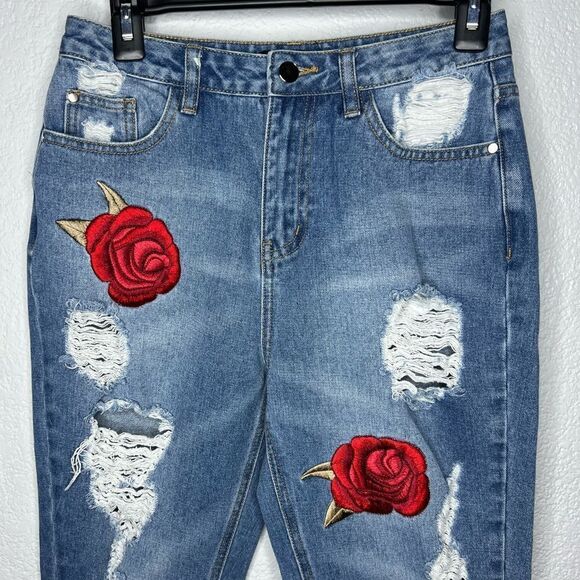 Misguided Blue Riot Embroidered Red Rose Distressed Mom Woman’s Jeans Sz 10 - Picture 4 of 12